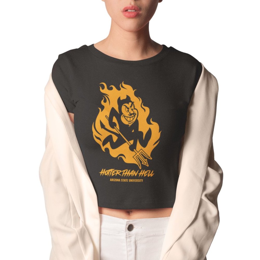 NEW Arizona State Sun Devils Hotter Than Hell Form Fit Crop Top Shirt BLACK